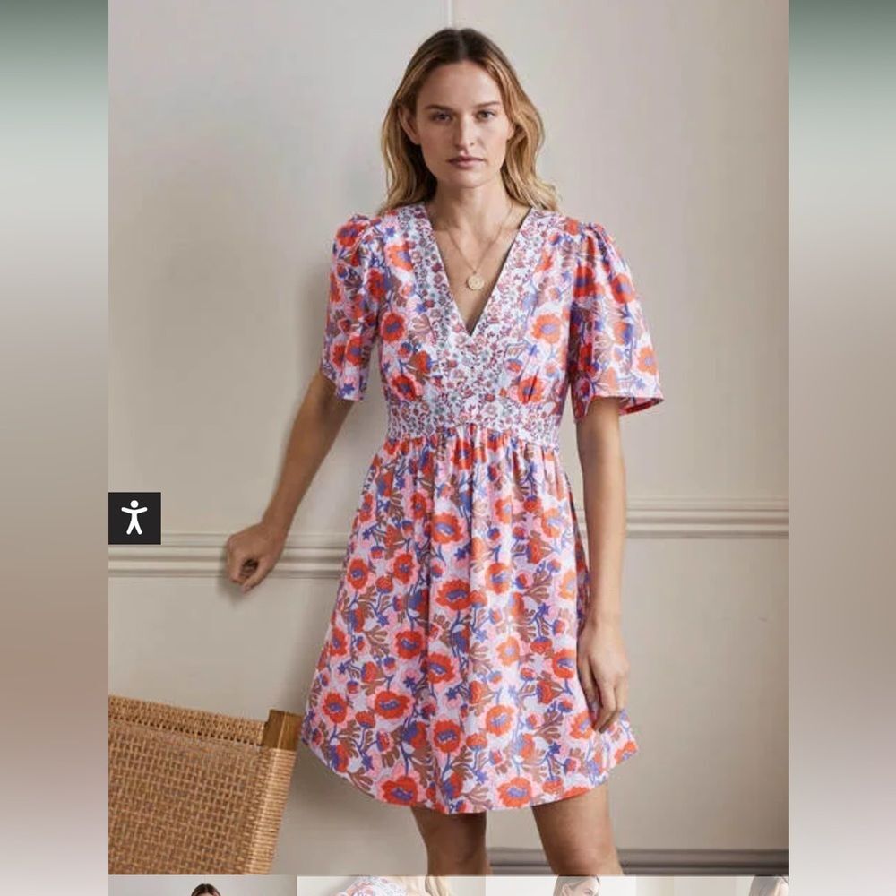 Boden Cotton Vneck Contrast Detail Short sleeve Floral Vneck Dress, Size 8, NWT